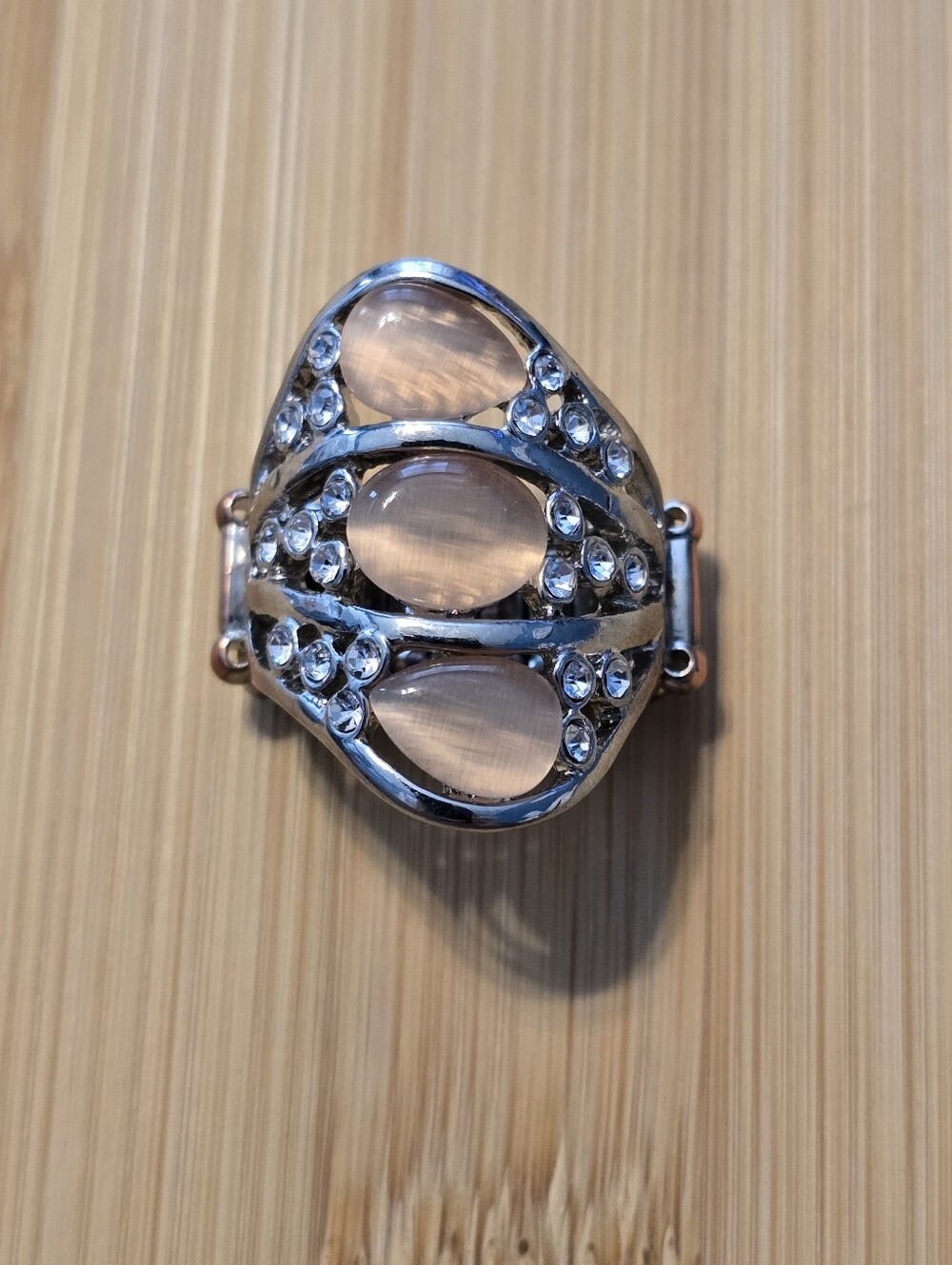 Cherished Collection Pink Cats Eye Stretch Ring Silver Rhinestone